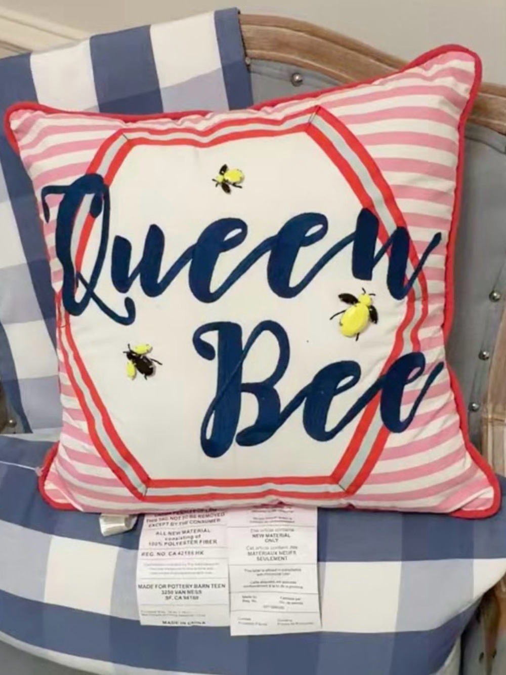Pottery Barn Teen Queen Bee Decorative Throw Pillow - Pink, White & Navy